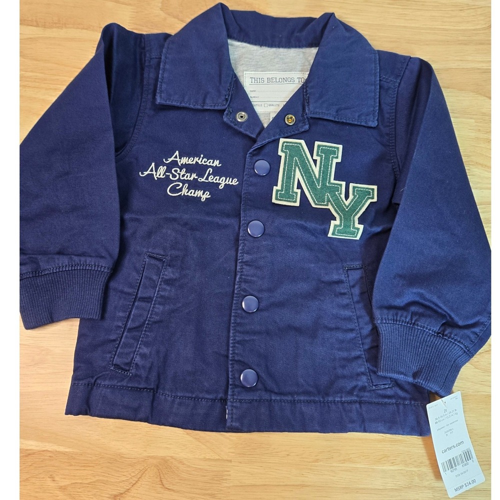 Carters Boys Navy Blue Varsity Jacket NY Patch Snap Front 2T NWT 243h096